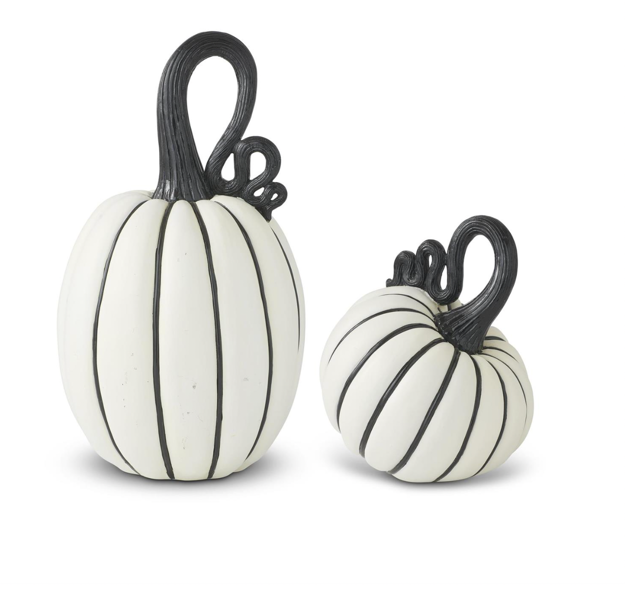 Set of 2 White & Black Striped Resin Pumpkins w/Curly Stems