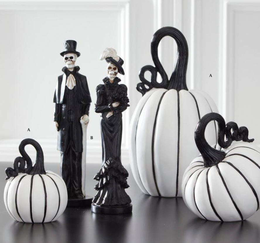 Set of 2 White & Black Striped Resin Pumpkins w/Curly Stems
