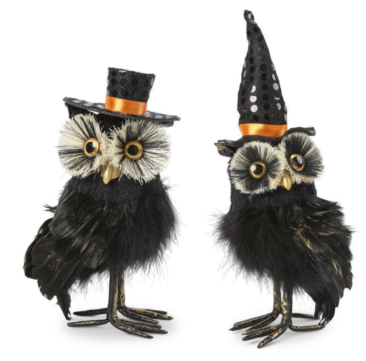 Set of 2 - 10" Black Feather Owls w/Hats
