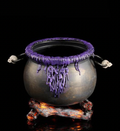 7.5"H ANTIQUE BLACK, GOLD AND PURPLE CAULDRON ON CAMPFIRE WITH LIGHTS