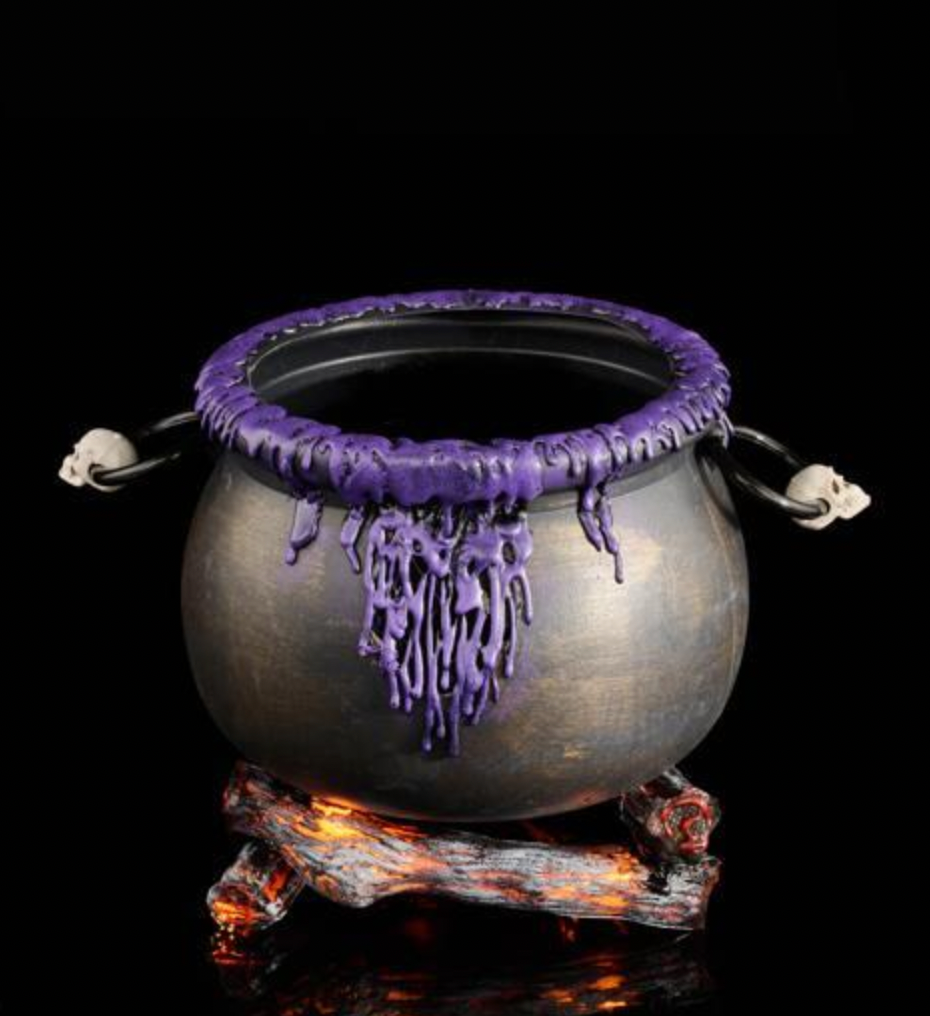 7.5"H ANTIQUE BLACK, GOLD AND PURPLE CAULDRON ON CAMPFIRE WITH LIGHTS