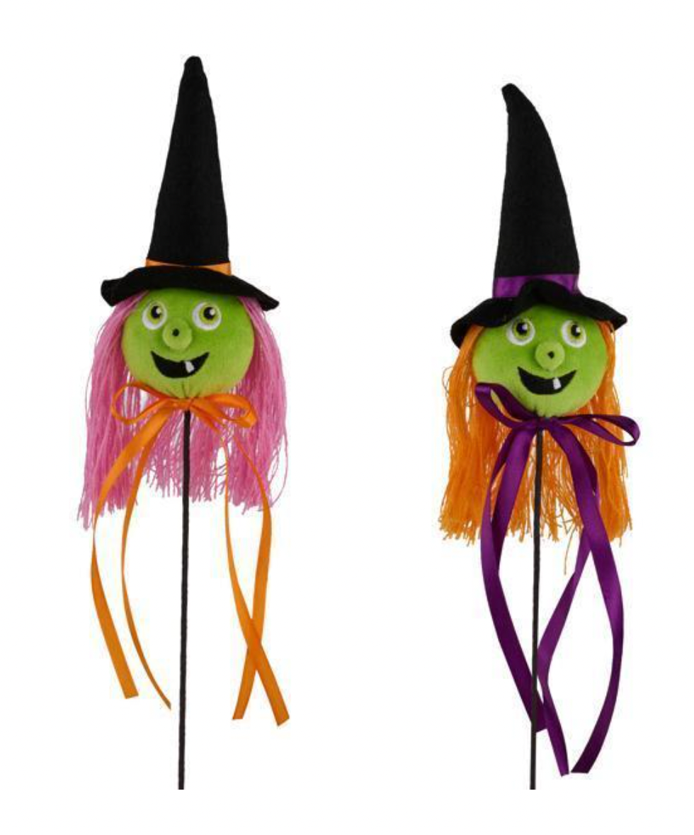 2 ASSORTED 16"L GREEN, ORANGE AND PINK SOFT FABRIC WITCH PICK WITH BOW