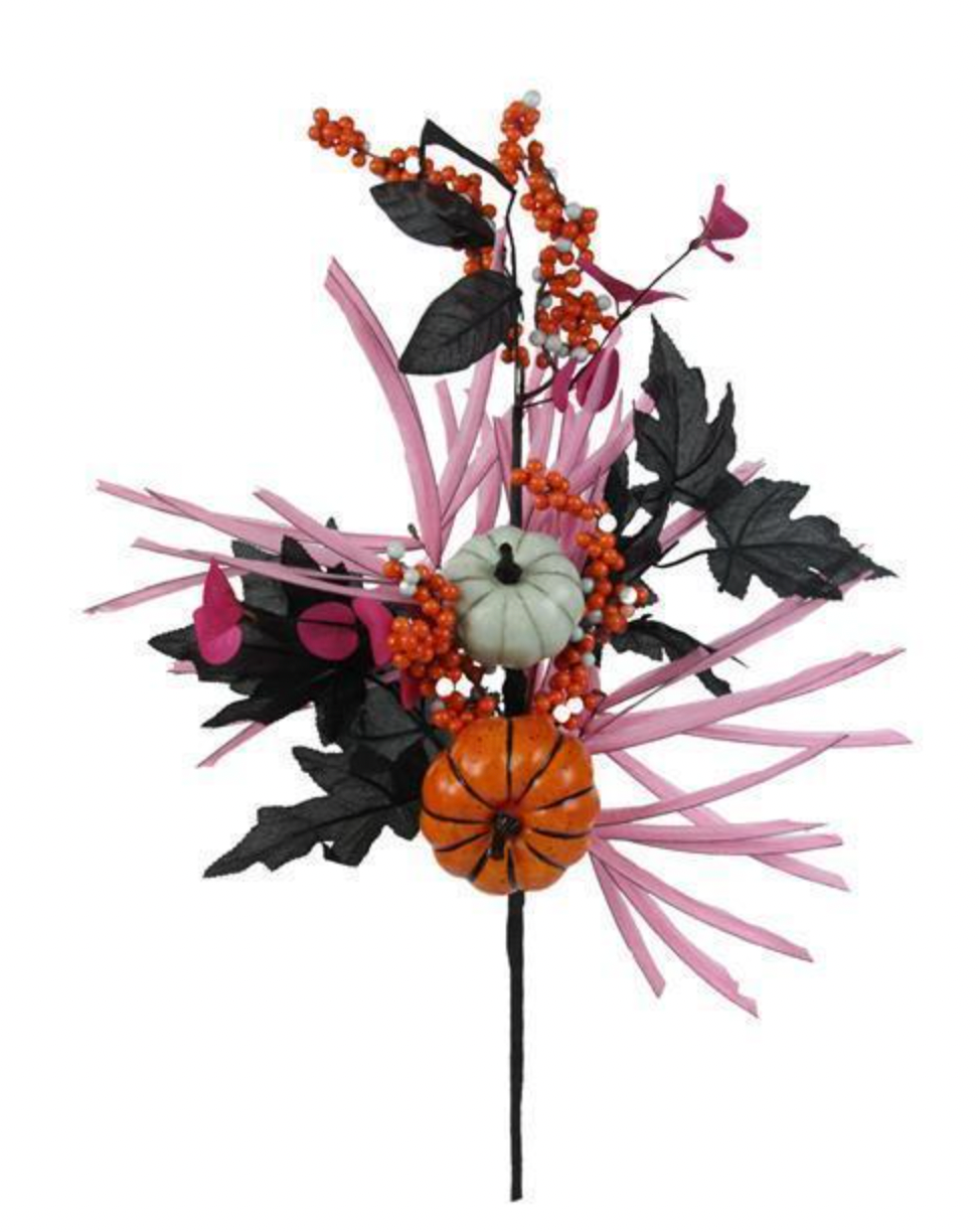 26"L PUMPKIN/BERRY LEAF SPRAY, ORANGE, BLACK, PINK AND WHITE