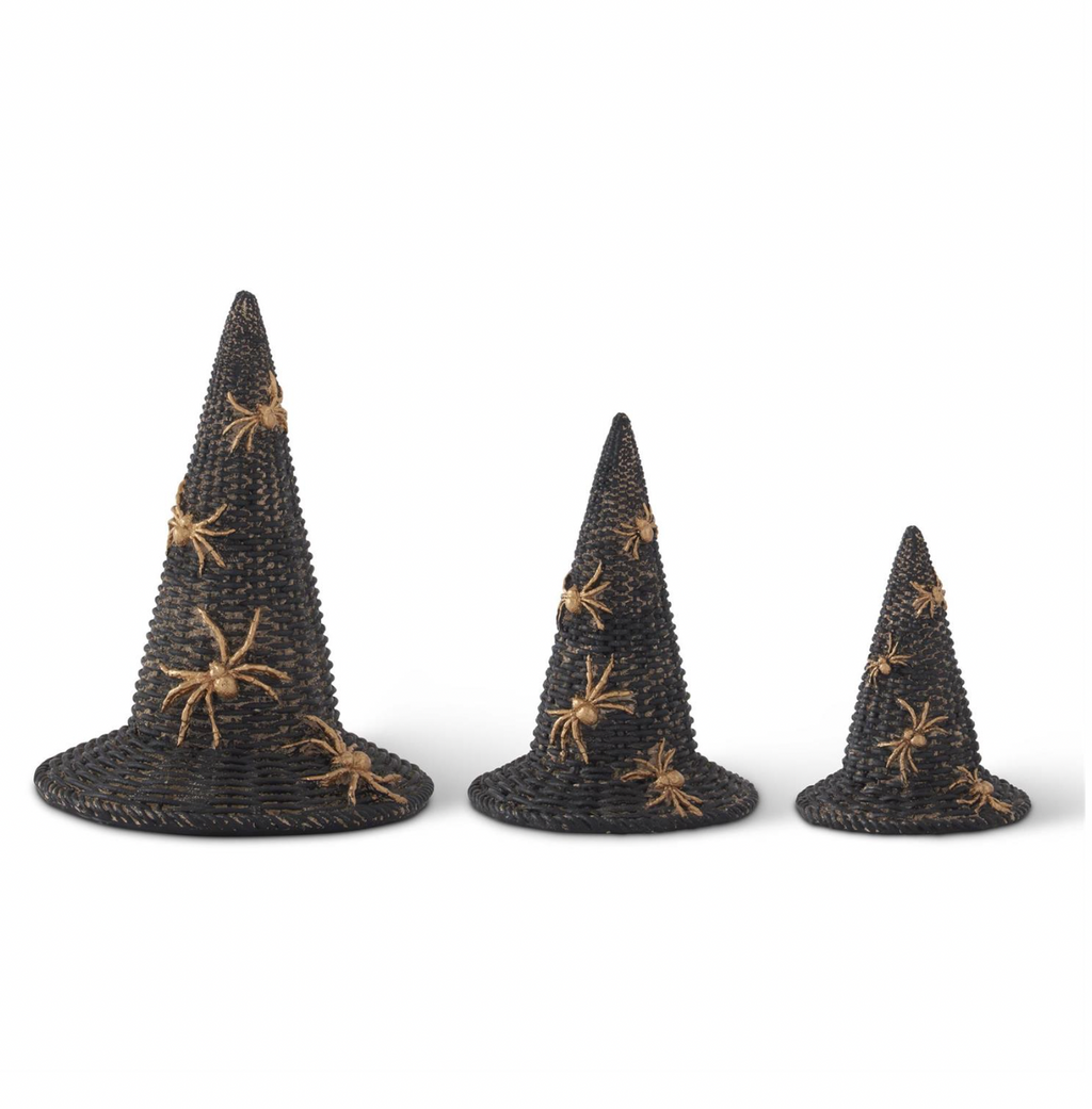Set of 3 Black Resin Woven Witch Hats with Gold Spiders