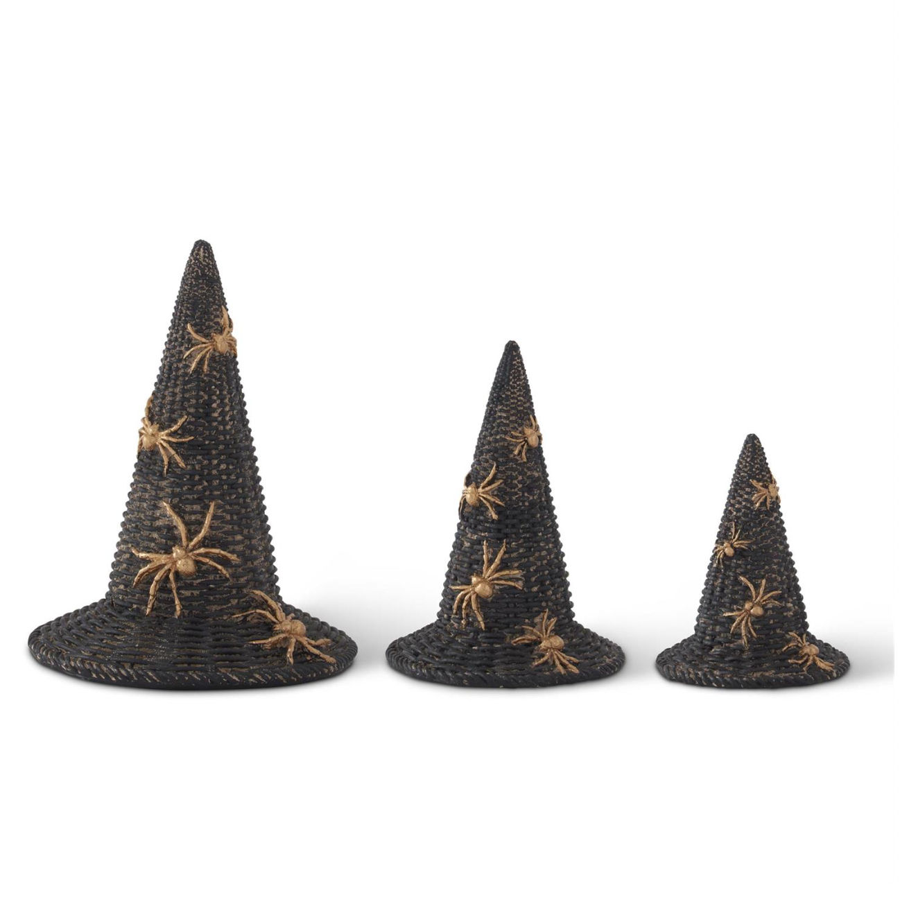 Set of 3 Black Resin Woven Witch Hats with Gold Spiders