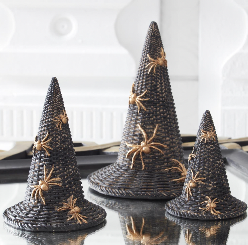 Set of 3 Black Resin Woven Witch Hats with Gold Spiders