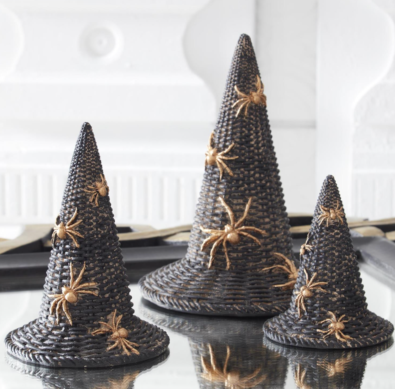 Set of 3 Black Resin Woven Witch Hats with Gold Spiders