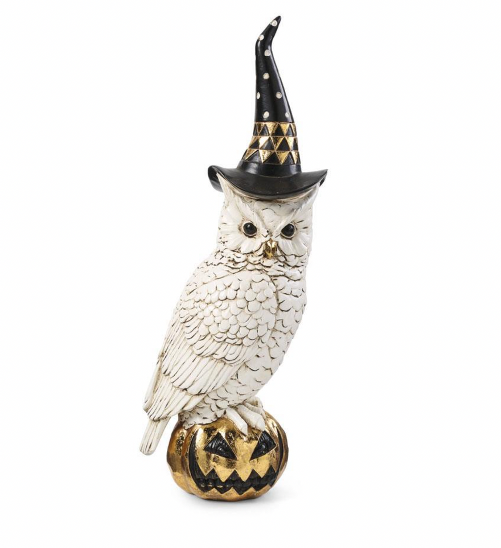 14" White and Gold Owl w/Witch Hat on Gold Jack O Lantern