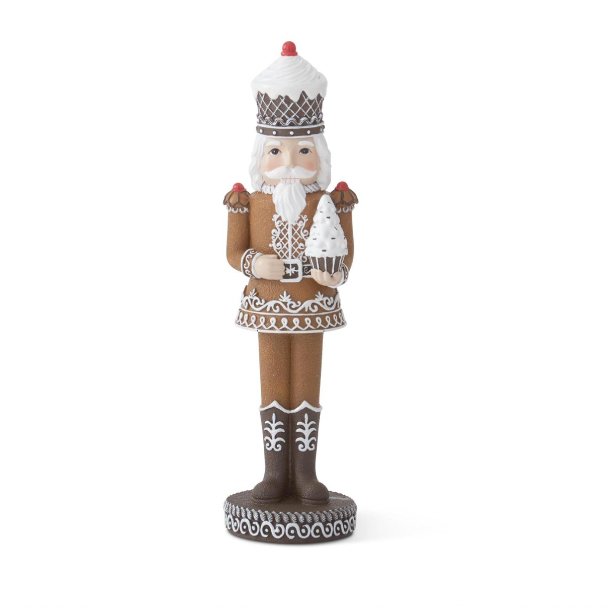12" Gingerbread Nutcracker Holding White Cupcake Tree