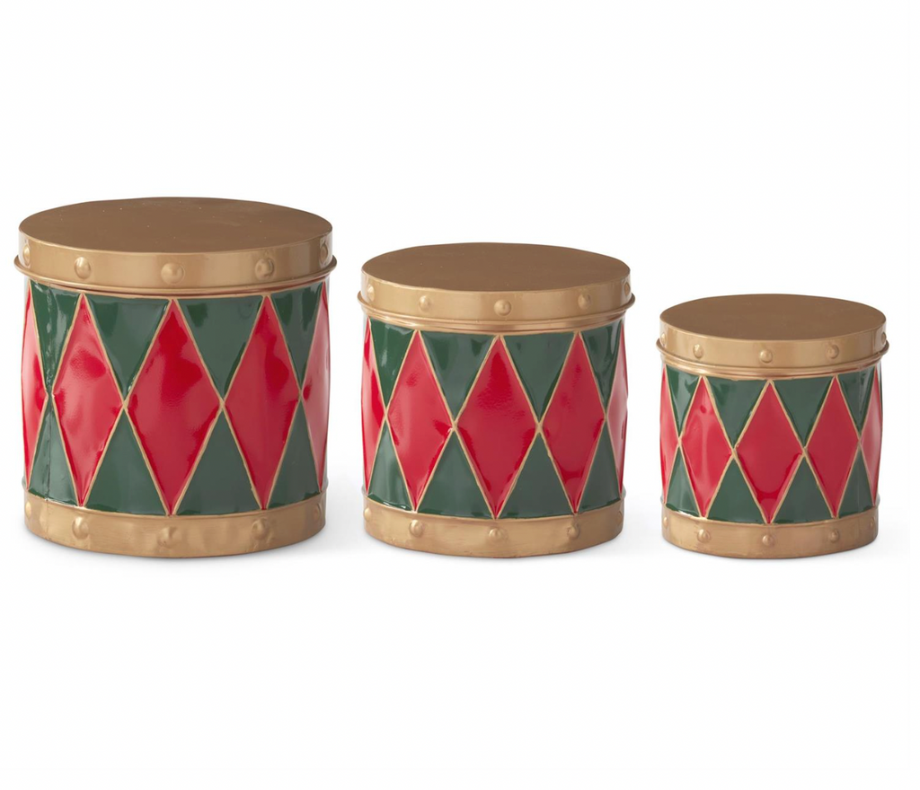 Christmas Carousel Collection - Set of 3 Red & Green Harlequin Metal Drum Containers