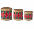 Christmas Carousel Collection - Set of 3 Red & Green Harlequin Metal Drum Containers
