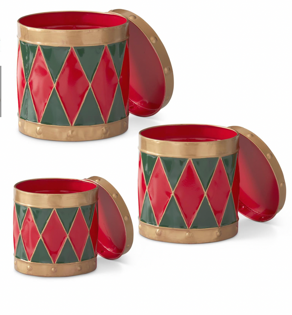 Christmas Carousel Collection - Set of 3 Red & Green Harlequin Metal Drum Containers
