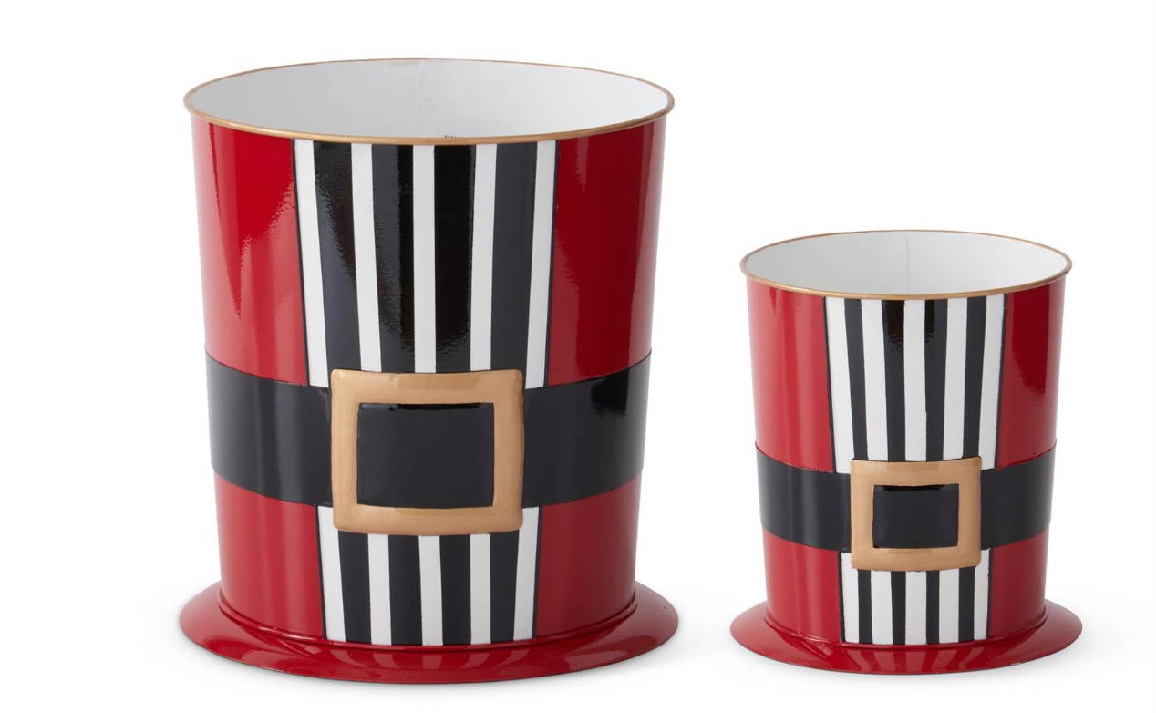 Christmas Carousel Collection - Set of 2 Nesting Metal Top Hat Buckets w/Stripes & Buckle