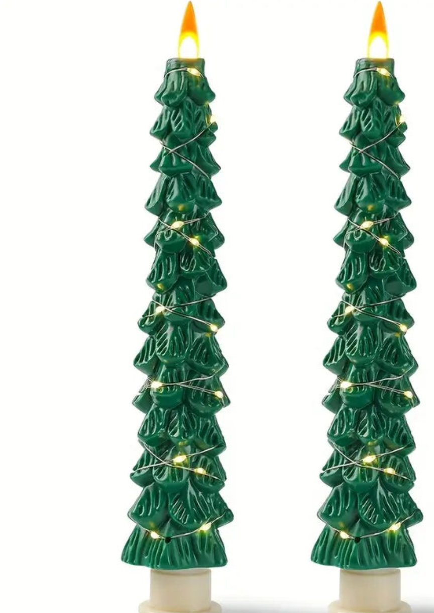 Christmas Carousel Collection - 10" Flameless Taper Candles Christmas Tree - SET OF 2