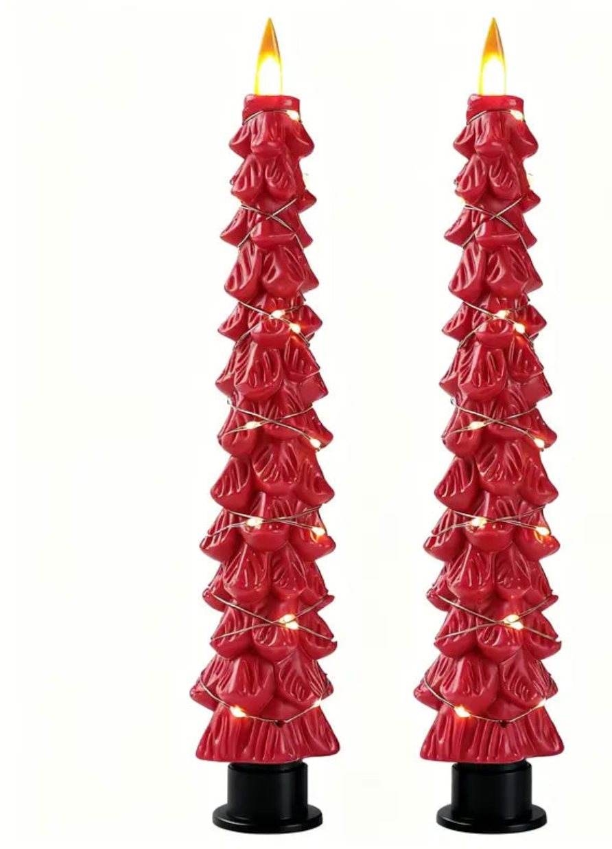 Christmas Carousel Collection - 10" Flameless Taper Candles Christmas Tree - SET OF 2