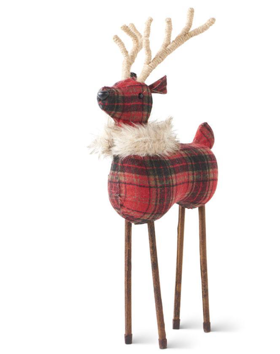 Christmas Carousel Collection - 18.5" Red Plaid Reindeer w/Twine Antlers and Fur Collar