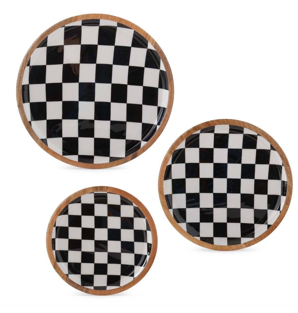 Set of 3 - Black & White Check Enameled Round Wood Nesting Trays