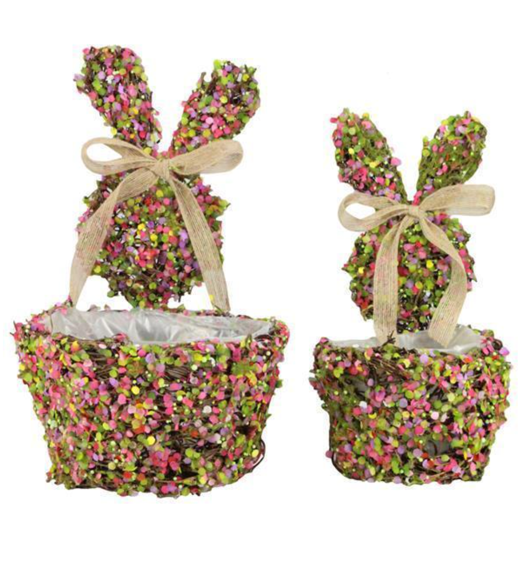 10.5" & 13" PINK GREEN AND BROWN RATTAN BUNNY PLANTERS - SET OF 2
