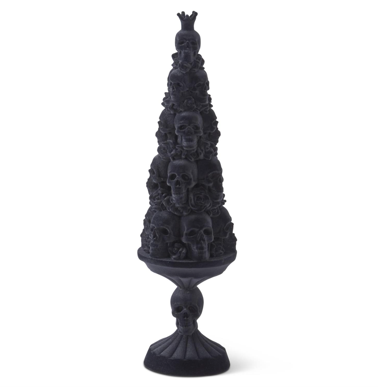 18.5" Black Velvet Flocked Resin Skull Topiary
