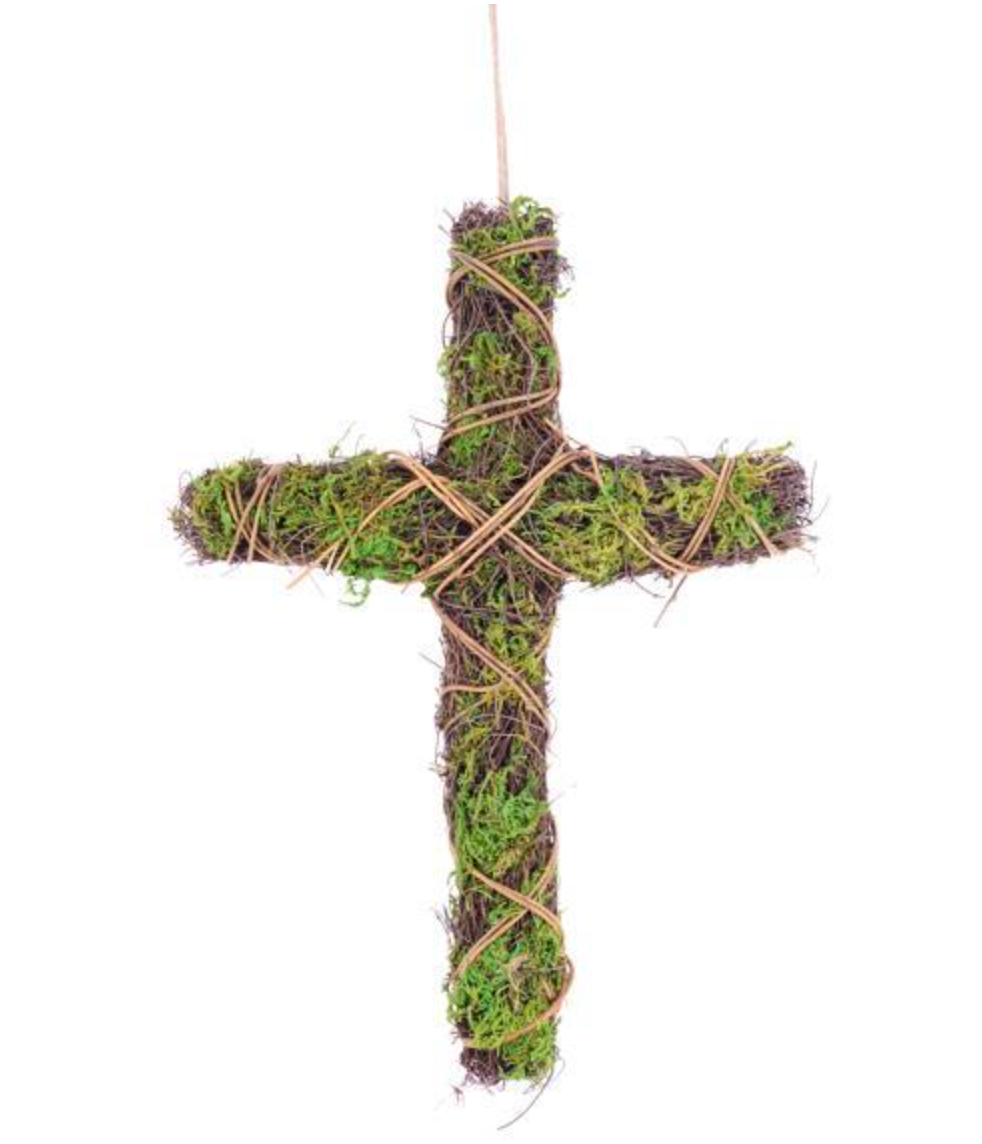 14"H X 10"L MOSS/VINE/RATTAN CROSS