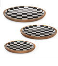 Set of 3 Black & White Check Enameled Round Wood Nesting Trays