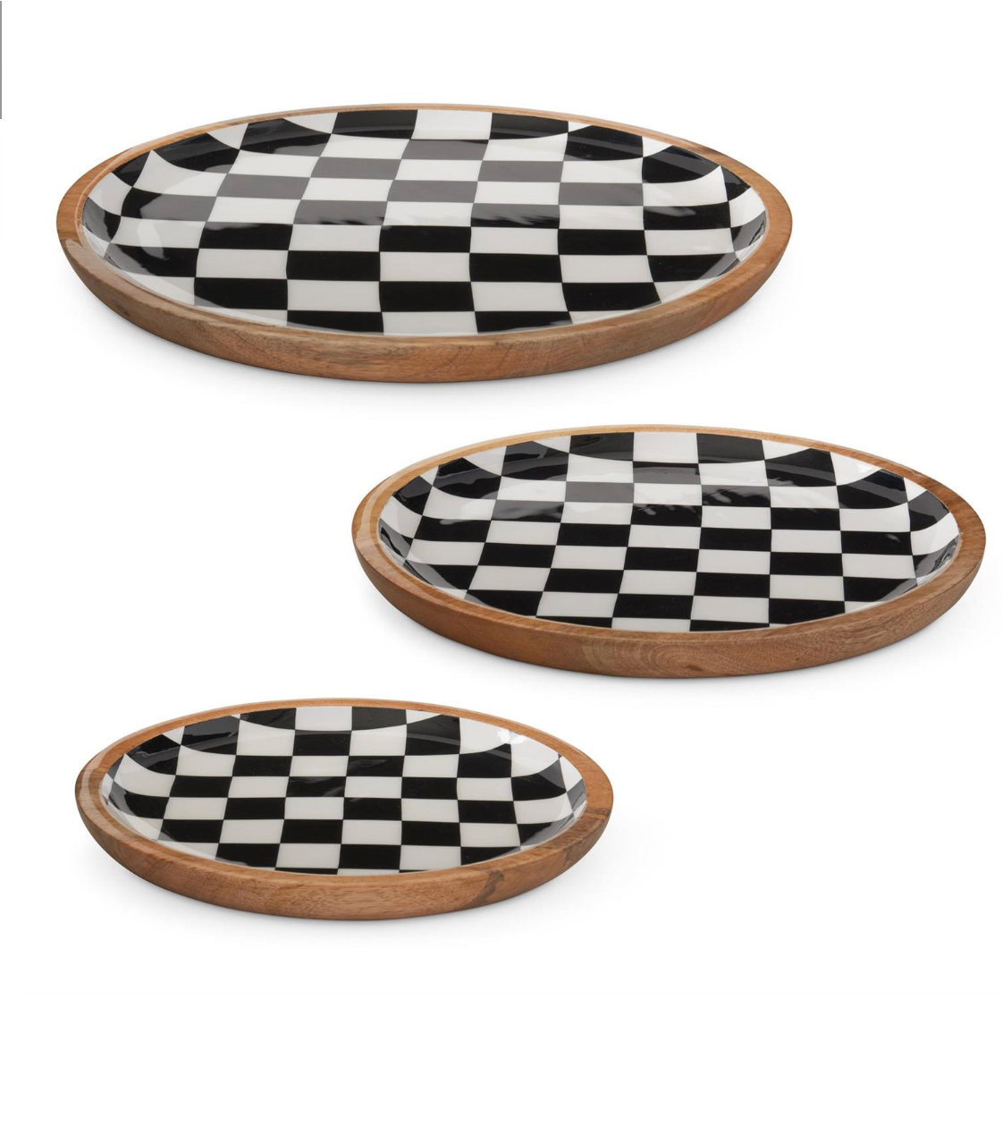 Set of 3 Black & White Check Enameled Round Wood Nesting Trays