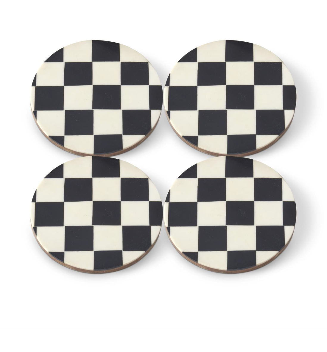 Set of 4 Black & White Check Enameled Wood Coasters