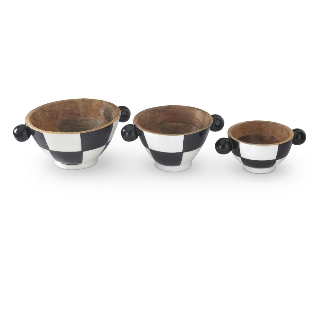 Set of 3 Black & White Check Enameled Wood Bowls with Knobs