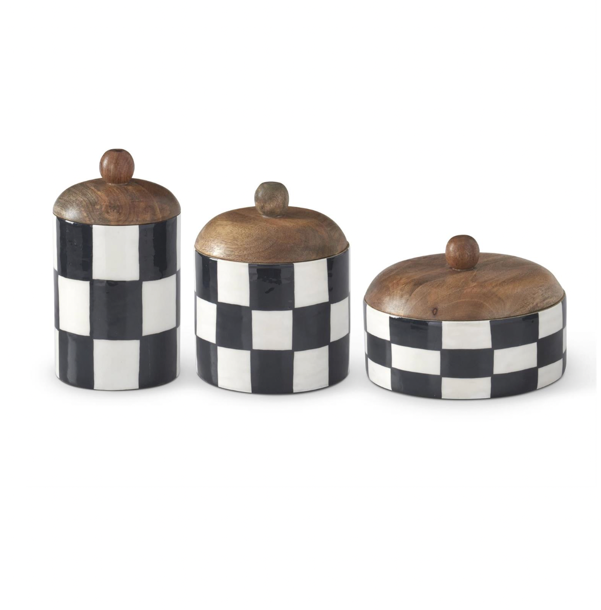 Set of 3 Black & White Check Enameled Containers with Knobs