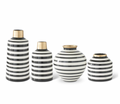 Set of 4 Black & White Striped Ceramic Vases Gold Rims