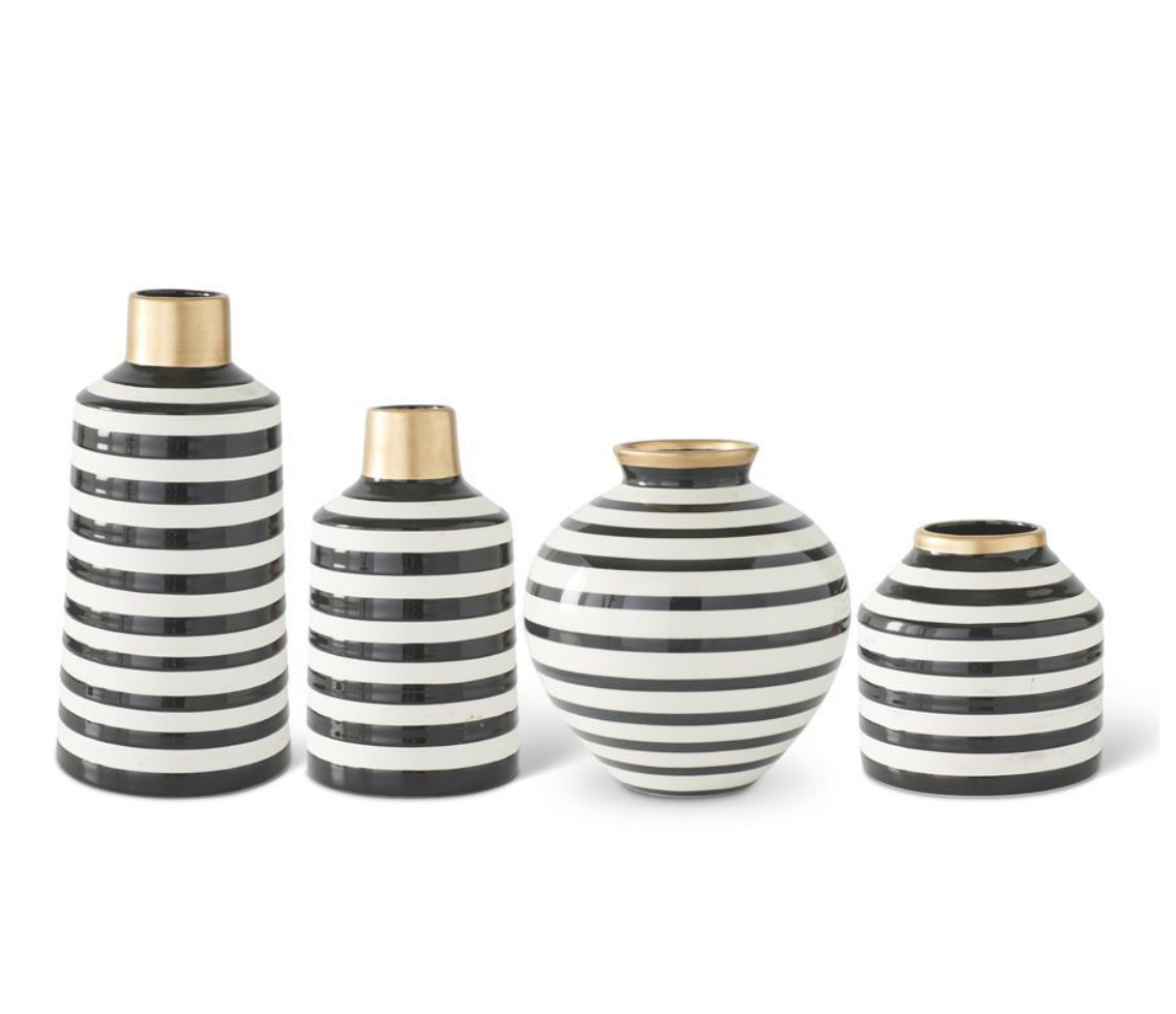 Royal Easter - Set of 4 Black & White Striped Ceramic Vases Gold Rims
