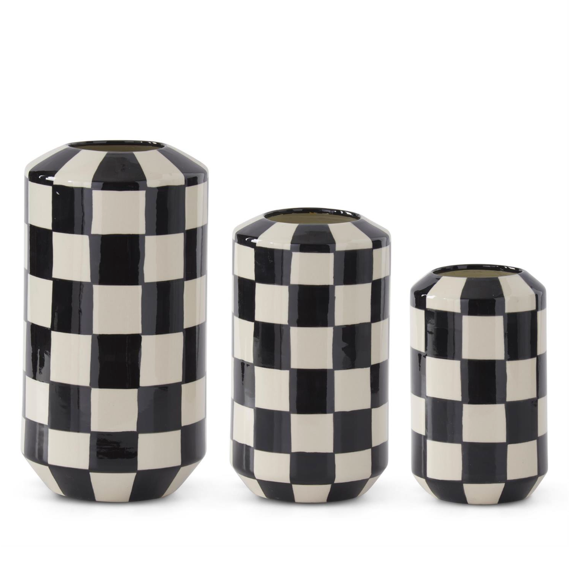 Set of 3 Ceramic Black & White Check Vases