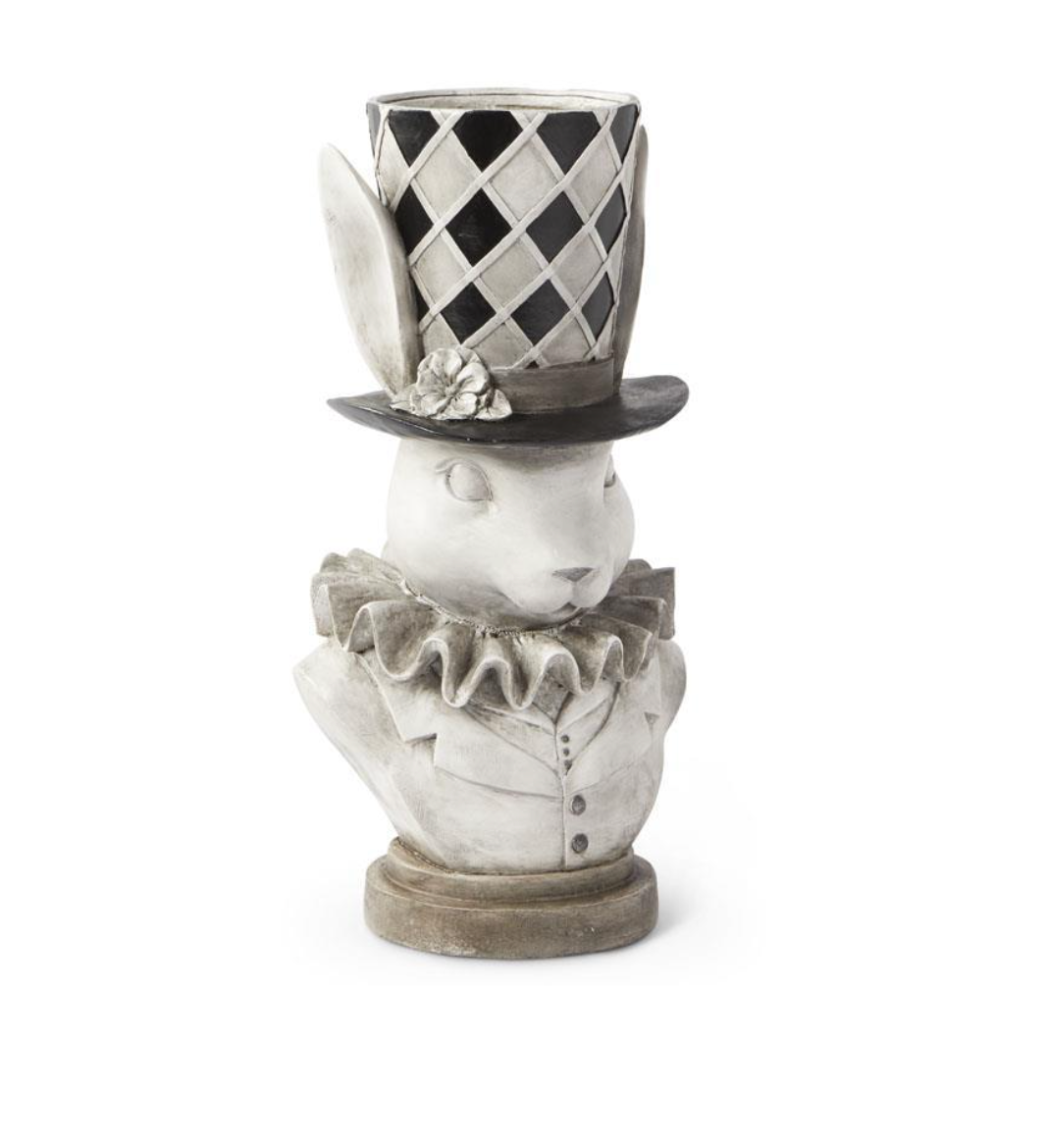 18" Resin Gray & Black Bunny Bust Top Hat Vase