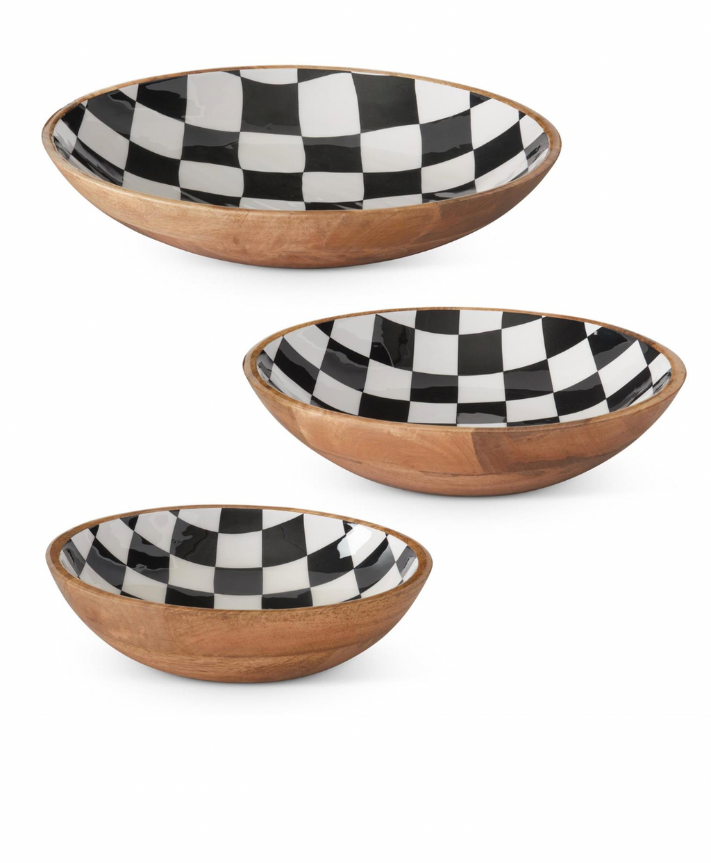 Set of 3 Black & White Check Enameled Wood Nesting Bowls