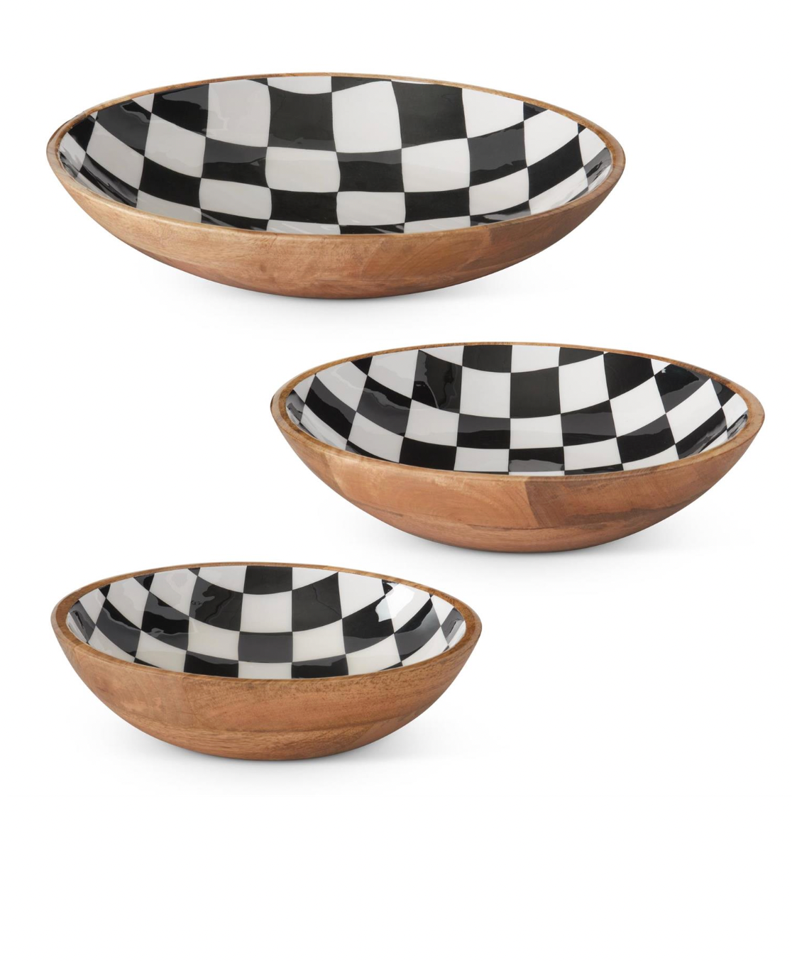Set of 3 Black & White Check Enameled Wood Nesting Bowls
