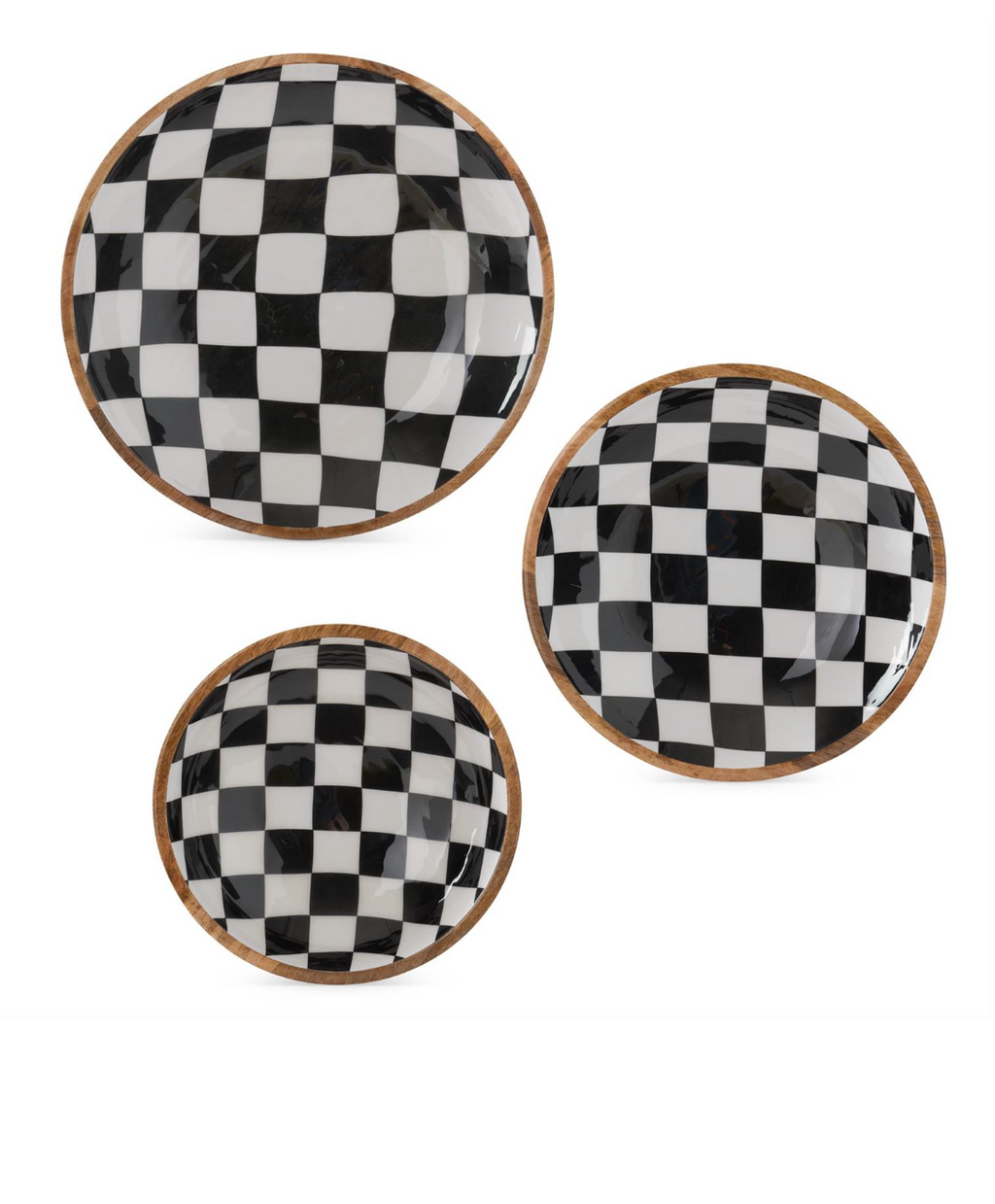 Set of 3 Black & White Check Enameled Wood Nesting Bowls