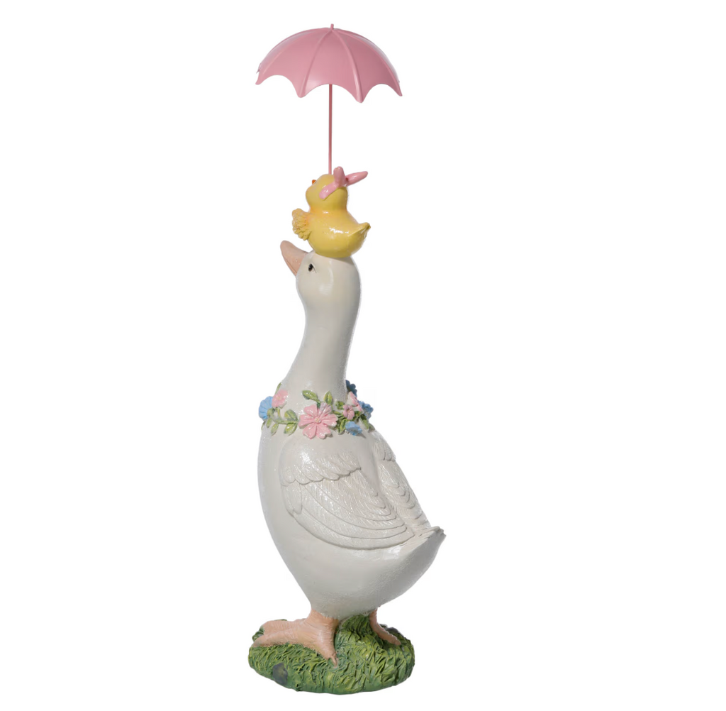 17" Resin Easter Duck with Chick and Umbrella