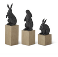 Set of 3 Black Resin Faux Cast Iron Rabbits on Wood Blocks