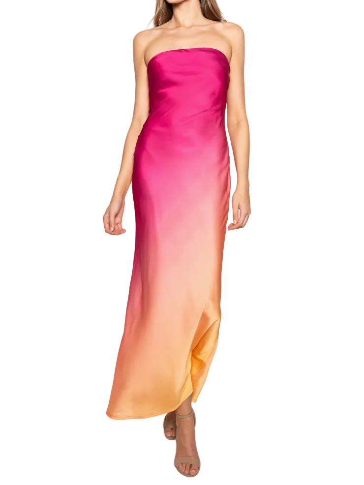 Strapless Elastic Clasp Back Ombre Maxi Dress