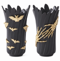 Set of 2 - 12" Black Resin Vases Gold Skeleton Hands & Bats