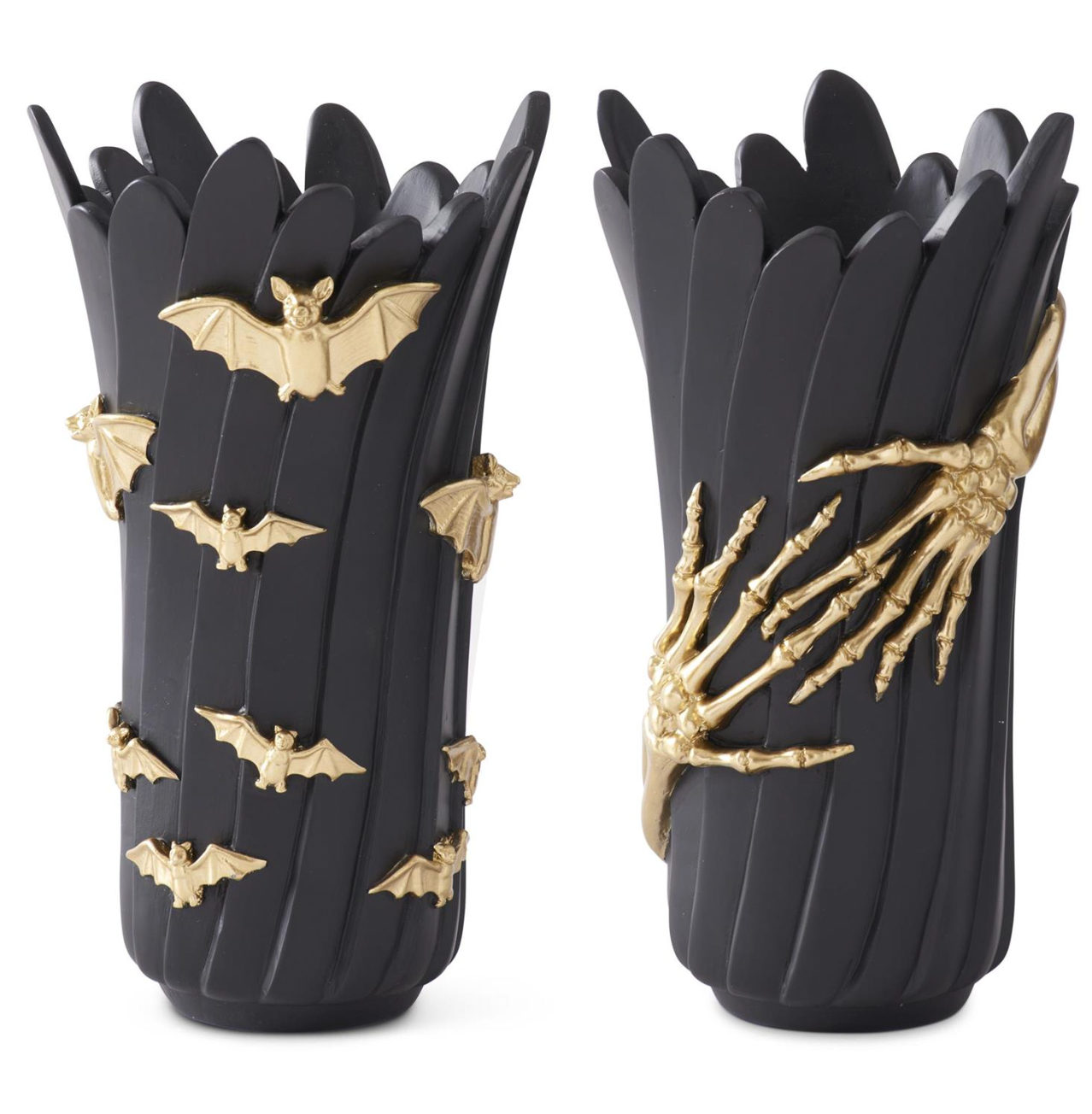 Set of 2 - 12" Black Resin Vases Gold Skeleton Hands & Bats