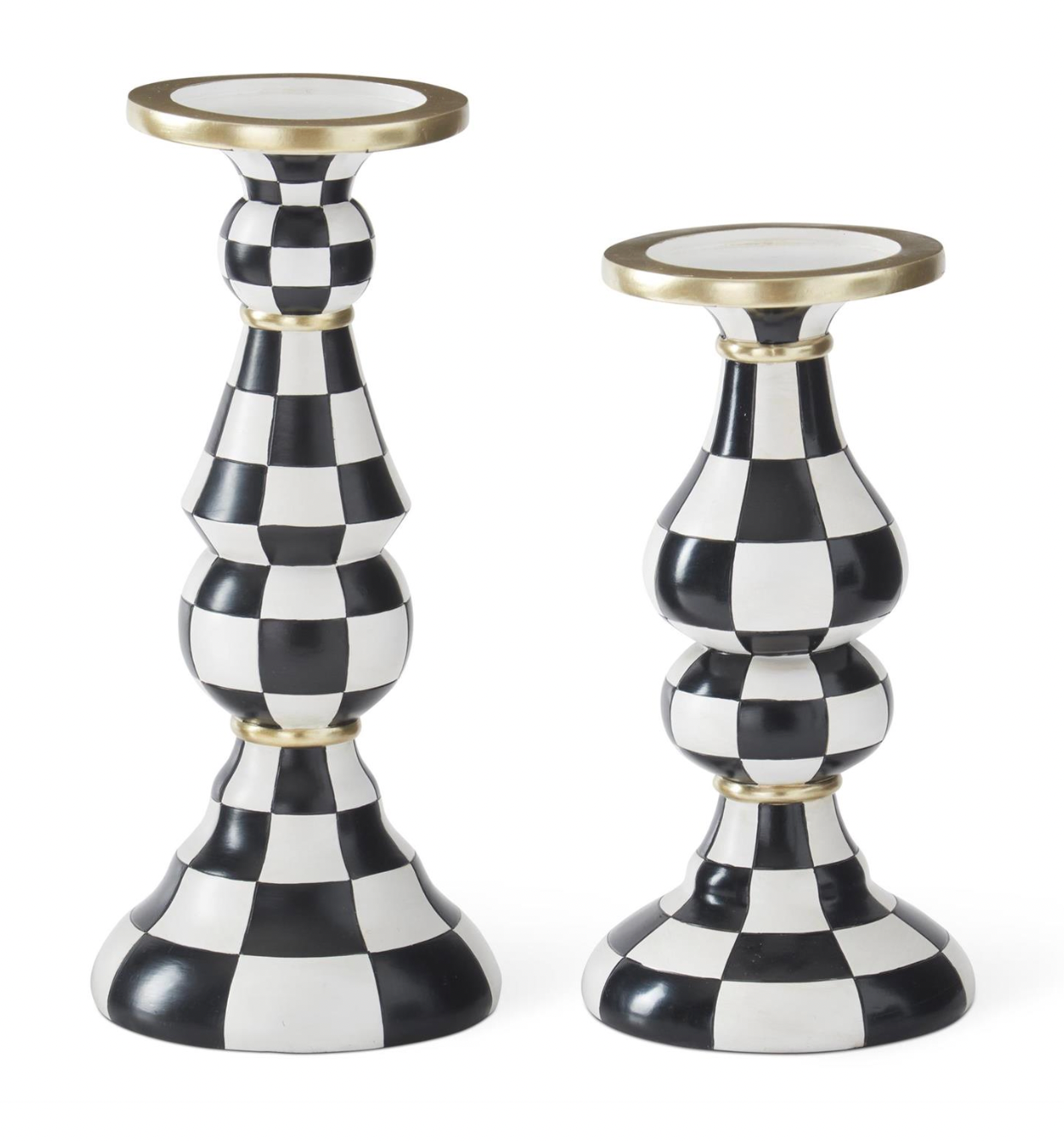 Set of 2 - Black & White Check Resin Pillar Candleholders