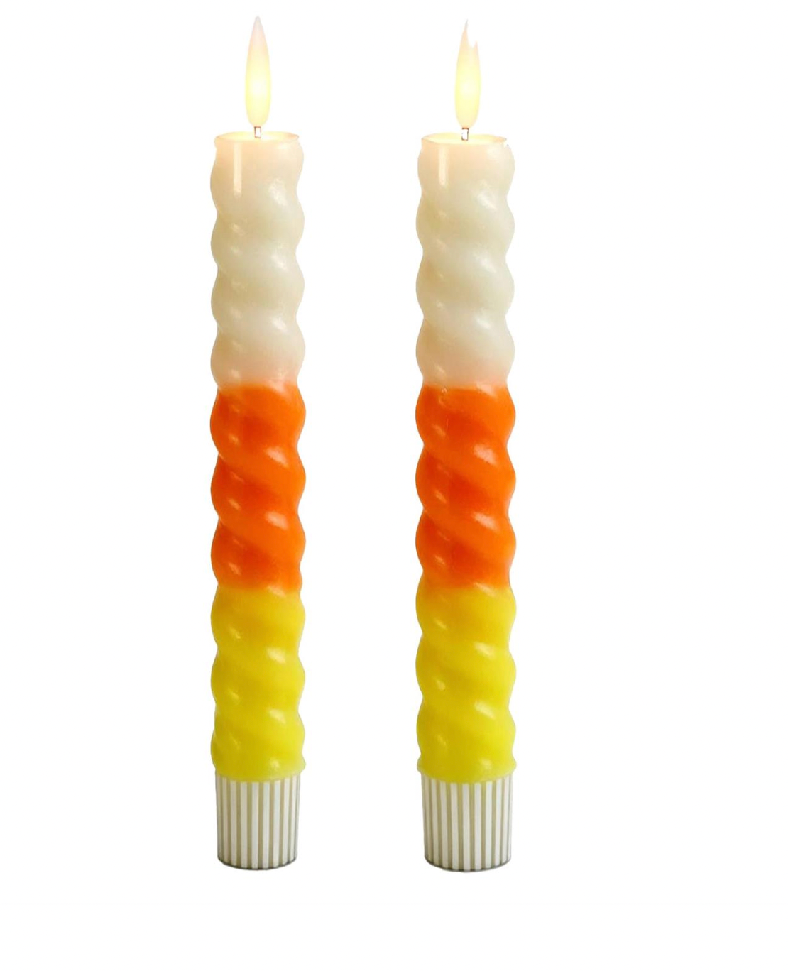 Set of 2 - 9.75 Inch Candy Corn Spiral LED Taper Candles WITH Timers Halloween Carnival