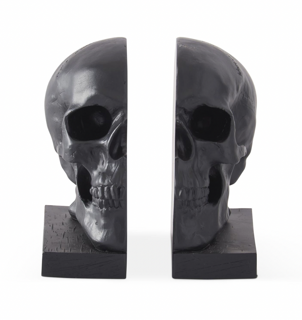 Set of 2 - 6.5 Inch Black Resin Skull Bookends