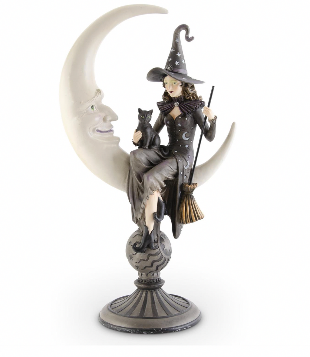 20.5" Crescent Moon Sitting Witch & Black Cat on Pedestal