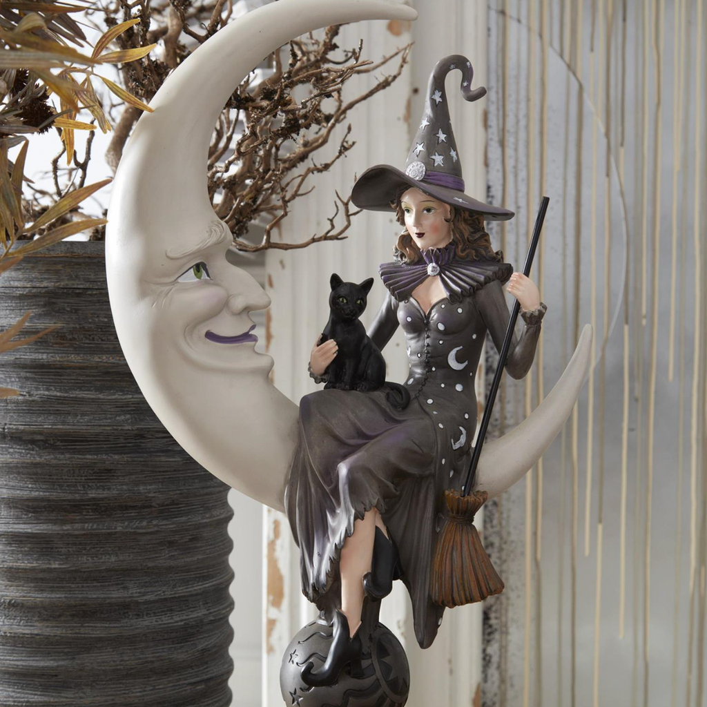 20.5" Crescent Moon Sitting Witch & Black Cat on Pedestal