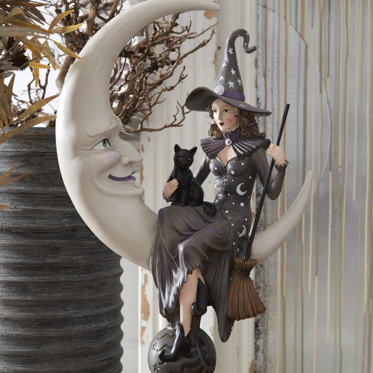 20.5" Crescent Moon Sitting Witch & Black Cat on Pedestal