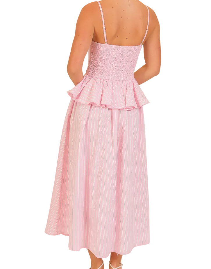 Pink / White Stripe Smocked Midi Dress