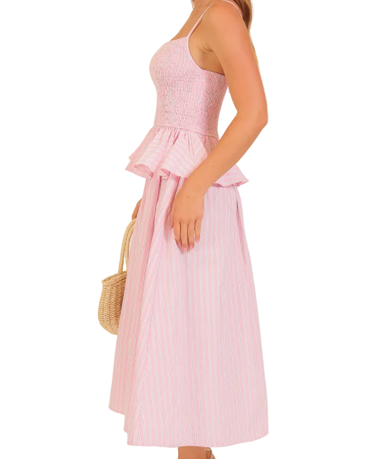 Pink / White Stripe Smocked Midi Dress