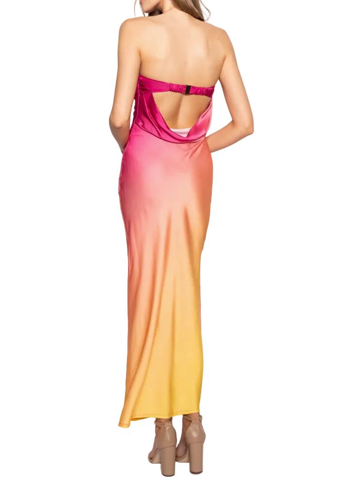 Strapless Elastic Clasp Back Ombre Maxi Dress
